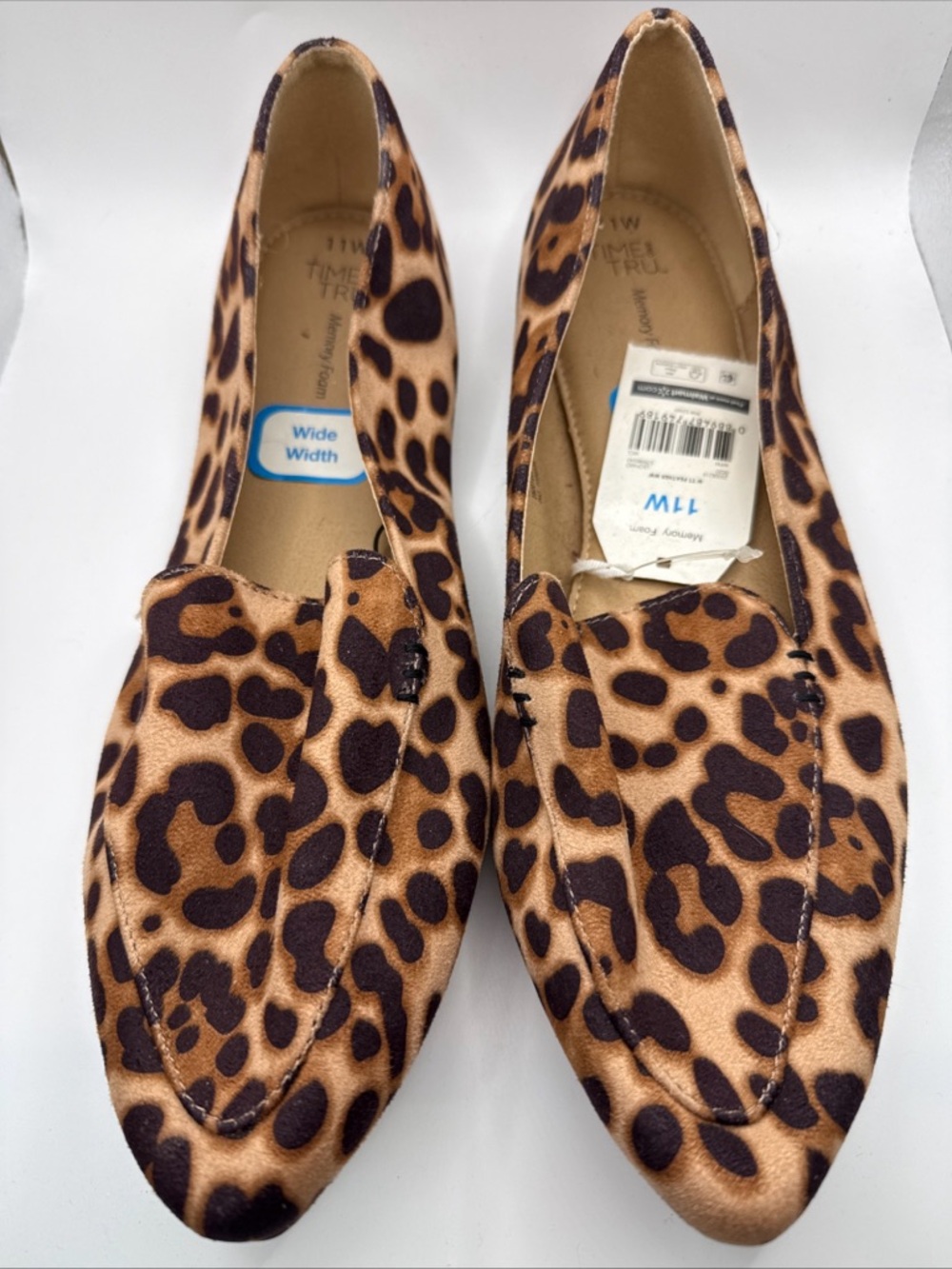 Time and Tru Womens 11 Wide Loafers Brown Fabric Leopard Print Pointed Toe NWT